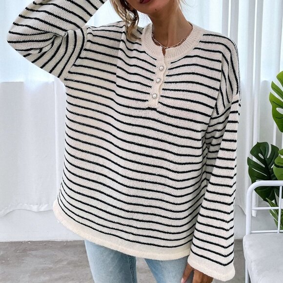 Striped Drop Shoulder Button Front Sweater - Picture 4 of 5